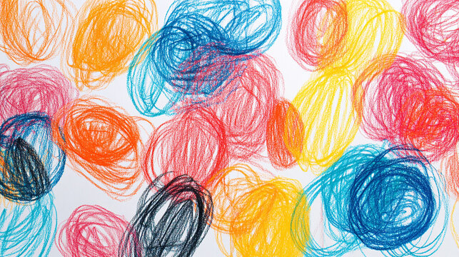 Colorful crayon scribble mark children kid drawing on paper. charcoal marker or pen grunge hand drawn line texture, rough scratch squiggle line, scrawl swirl.