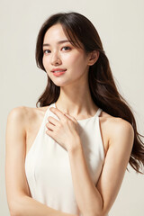 A woman with long hair is posing for a picture