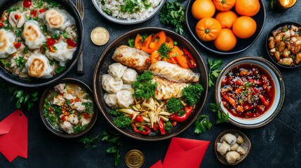 Chinese New Year festive feast with shrimp dumpling, spring roll, soup, noodle, tangerine, and traditional dishes served in ceramic bowls on dark table