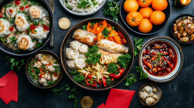 Chinese New Year festive feast with shrimp dumpling, spring roll, soup, noodle, tangerine, and traditional dishes served in ceramic bowls on dark table