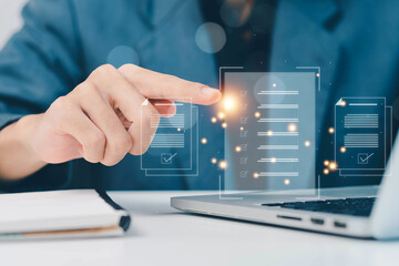 Survey form concept. Filling survey form online, Questionnaire with checkboxes, answer questions of test. Education futuristic technology and learning concept.