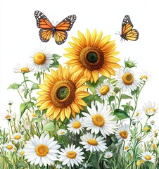 Sunflowers, Daisies, and Butterflies in Bloom, Vibrant sunflower and daisy garden with monarch butterflies fluttering, creating a picturesque summer scene full of warmth, nature, and beauty.

