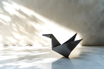 A sleek black origami bird casting shadows on a minimalist surface.