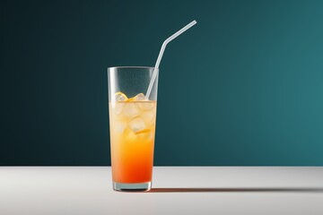 Fototapeta premium there is a glass of orange juice with a straw and ice