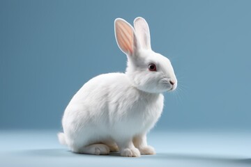 there is a white rabbit sitting on a blue surface
