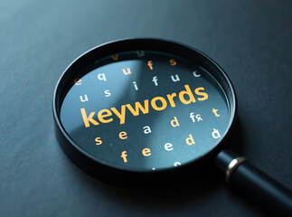 A magnifying glass highlighting the word "keywords" in the middle of several unrecognizable symbols that resemble letters. The importance of the keywords in search engines.