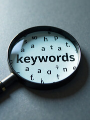 A magnifying glass highlighting the word "keywords" in the middle of several unrecognizable symbols that resemble letters. The importance of the keywords in search engines.