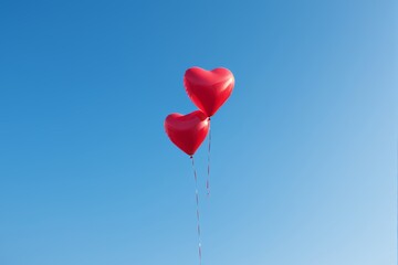 there are two red balloons floating in the air on a clear day