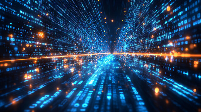 Digital code pattern and big data structure on a tech background. The image depicts a backdrop of technology, science, and cloud computing.