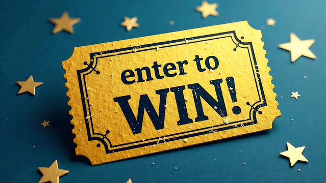 A golden raffle ticket with the text "enter to WIN!". There is a blue background with white stars. The ticket has a few scratches.