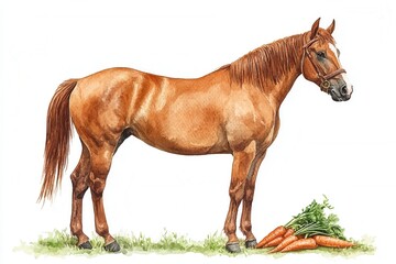 Fototapeta premium A realistic illustration of a horse standing beside a pile of carrots.