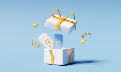 Open a gift box with gift voucher in side. Bonut, celebration, reward, shopping. 3d rendering 