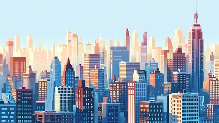 Obraz premium A cartoon-style illustration of a city skyline at sunrise.