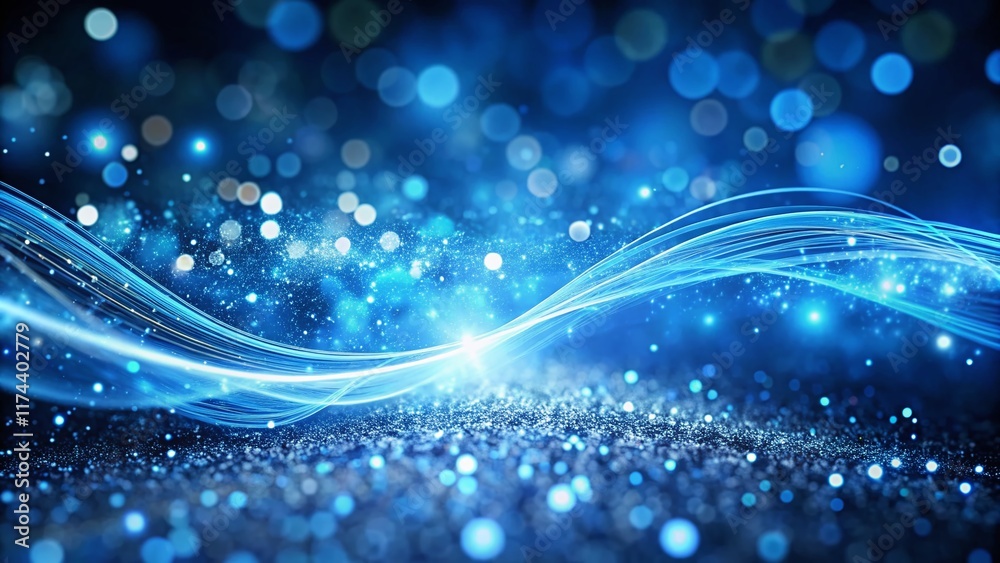 Poster abstract blue cyberspace background: loopable curved paths with glowing particles and bokeh effect