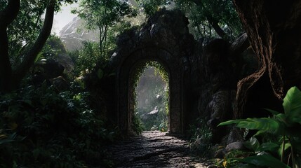 Ancient Stone Archway in Lush Jungle: A Mysterious Path Beckons