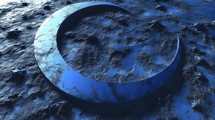 Crescent moon symbol on a dark blue, textured surface.