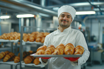  Handsome baker in uniform displaying freshly baked croissants on tray