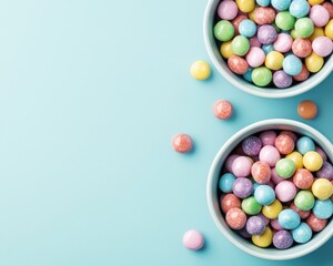 Colorful assortment of candy in bulk bins, pastel backdrop