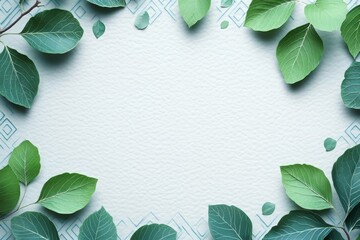 Fototapeta premium Fresh green leaves arranged in a decorative border on textured paper.