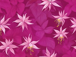 Minimalistic white background with pink fuchsia flowers bordering the right side flat lay top view