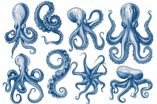 hand drawing set of octopus squid ink sketch. Engraving style vector illustration