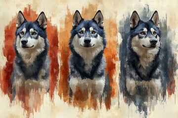 Obraz premium A stylized illustration of a dog, presented in three color variations.