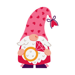 Cute gnome holds a gold engagement ring with a diamond. Funny elf with beard, in a red and pink suit, in a hat with hearts. Happy Valentine's Day. Romantic surprise, wedding, date. Hand drawn clipart