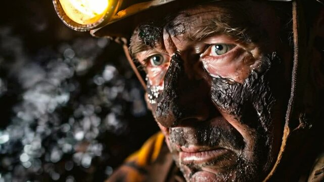 A close-up of a miner's face, covered in soot, with the beam of their helmet light focused on a mineral vein in the tunnel wall.