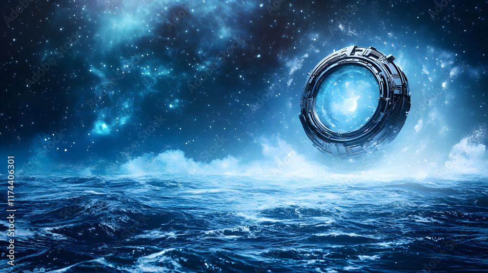 Poster A futuristic portal hovers above a vast ocean, surrounded by a starry sky, creating a surreal and otherworldly atmosphere
