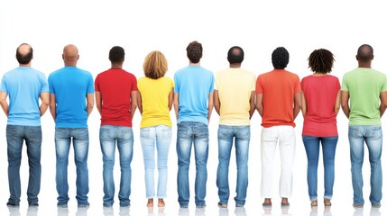 Naklejka premium Group of diverse individuals standing in line, facing away, in a bright indoor space