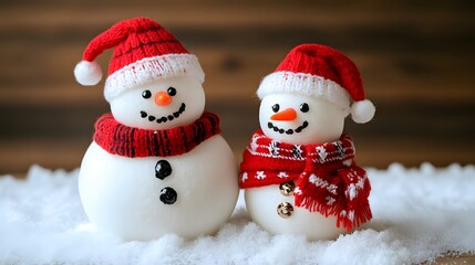 Obraz premium Two cute snowmen in Santa hats and scarves on snow.
