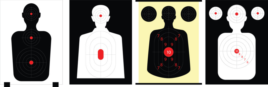 Set illustration of four different silhouette shooting targets commonly used for firearms practice and training. Each target is designed with red bullseye zones, circular scoring rings, and human
