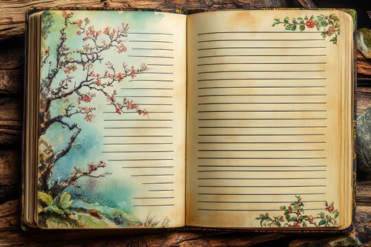 An open vintage notebook with a floral design, ideal for journaling and creativity.