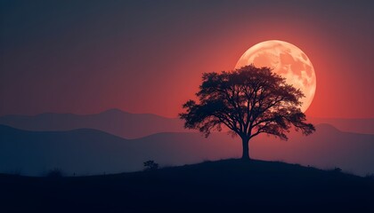 Fototapeta premium A Bare Tree Silhouetted Against A Vibrant Twilight, A Serene Nightfall Composition With A Solitary Tree, An Enchanting Twilight Landscape