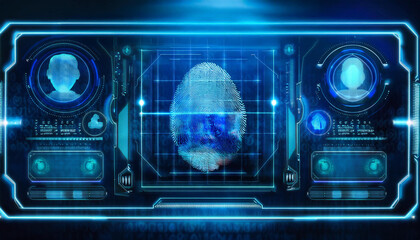 Obraz premium Biometric Security Interface: A futuristic and sleek digital interface with a glowing blue design, featuring a central biometric scan and two user profiles.