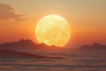 Fototapeta premium Large yellow moon rising over a desert landscape at sunset.