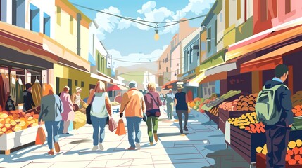 Obraz premium A colorful illustration of a bustling marketplace, filled with people and colorful produce.