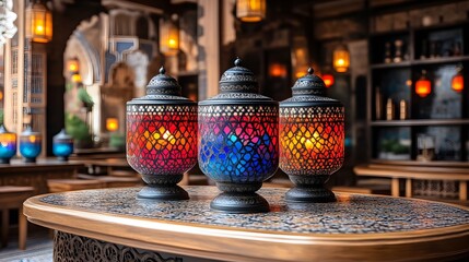 Three ornate mosaic lanterns illuminate a table in a dimly lit restaurant.
