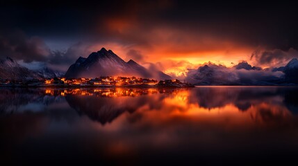 Fiery Sunset Over a Tranquil Fjord Village in Lofoten Islands, Norway