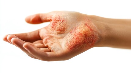 A close-up shot of a hand showing signs of injury and healing with reddish skin texture, highlighting skin care and recovery.