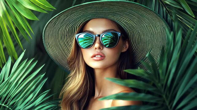 Young woman poses in tropical setting with vibrant foliage and stylish sunglasses during sunny day
