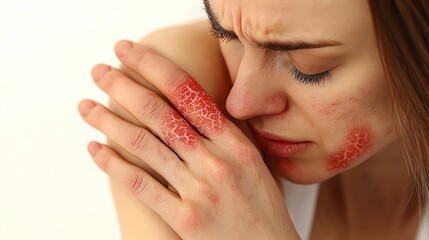 A young woman experiencing skin discomfort, showcasing irritated skin with redness and dryness, representing health and wellness concerns.