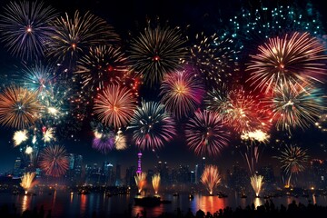 Vibrant Fireworks Display Over City Skyline At Night