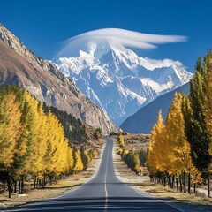 Autumnal Road to the Majestic Snow-Capped Mountains of Pakistan