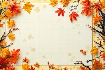 Colorful autumn leaves frame a blank space on a warm background.