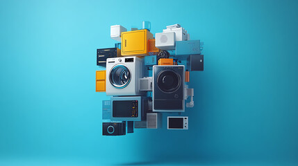 A group of home appliances, like a refrigerator, stove, microwave, oven hood, air conditioner, and washing machine, are floating in the air. 