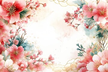 Beautiful floral frame with pink blossoms and soft watercolor background.