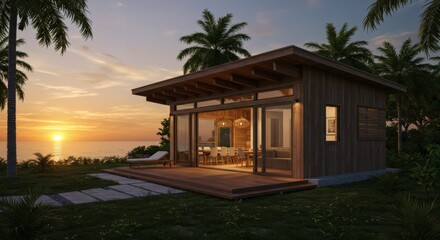Fototapeta premium Modern Tropical Beach House Sunset View Luxurious Small Cabin Design