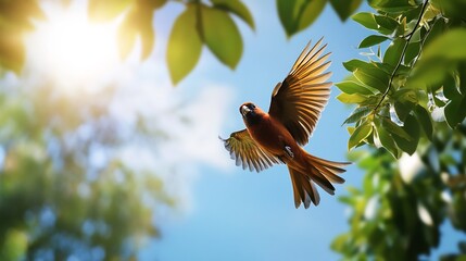 Stunning Flight of a Rufous-colored Bird Amidst Lush Greenery