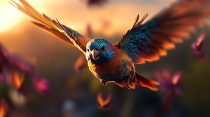 A Vivid Rainbow Lorikeet in Flight at Sunset